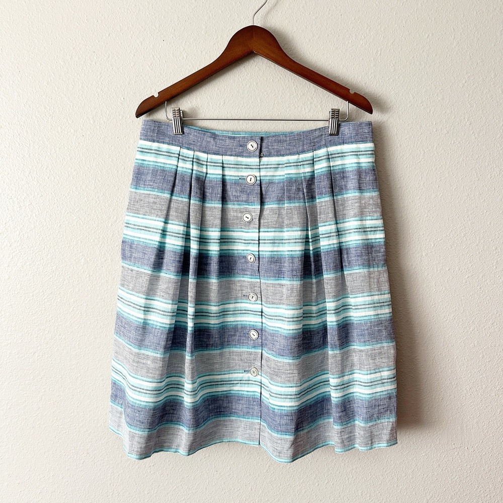 Brooks Brothers 100% Linen Blue Oyster Stripe Pleated Skirt Women's Size 14 NEW‎